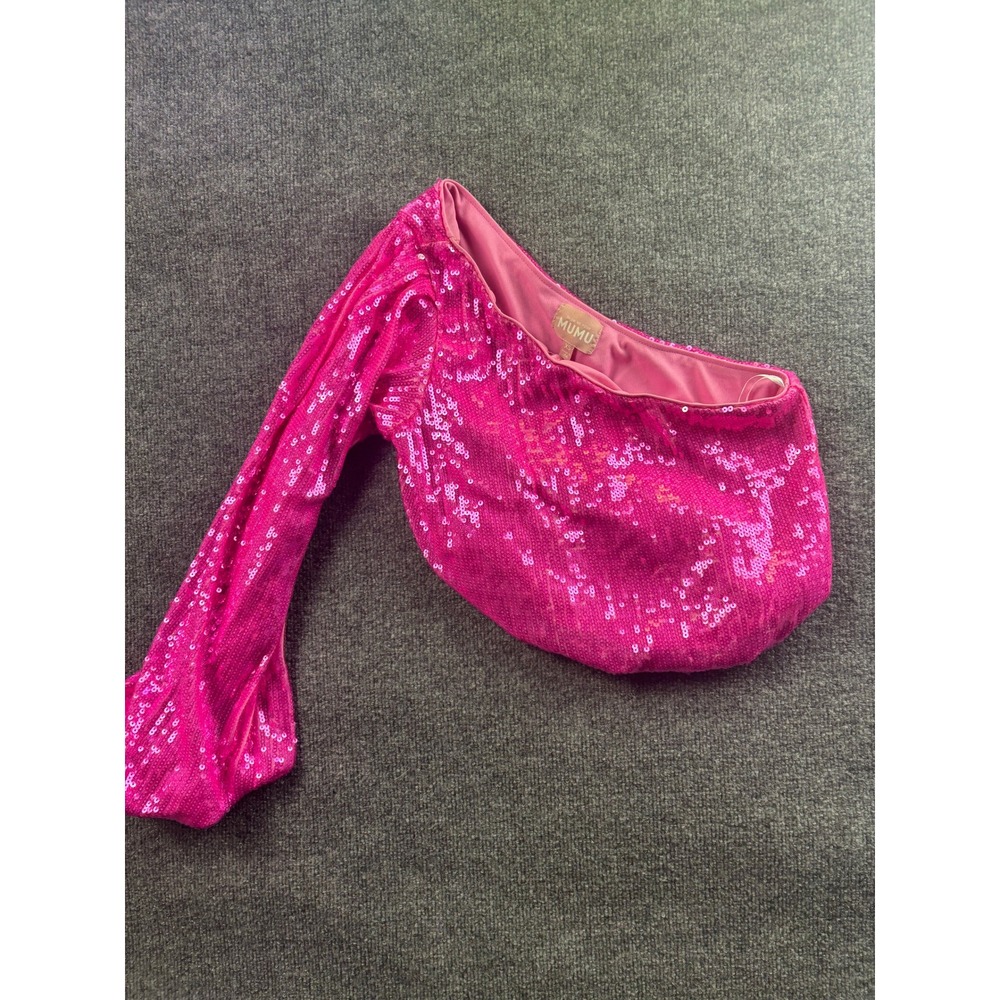 Show Me Your Mumu Top Womens XS Pink Sequin One Shoulder Puff Sleeve Crop